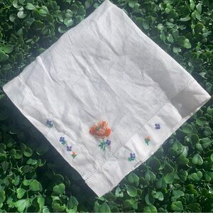 Antique hand embroidered cross-stitch floral white cotton handkerchief